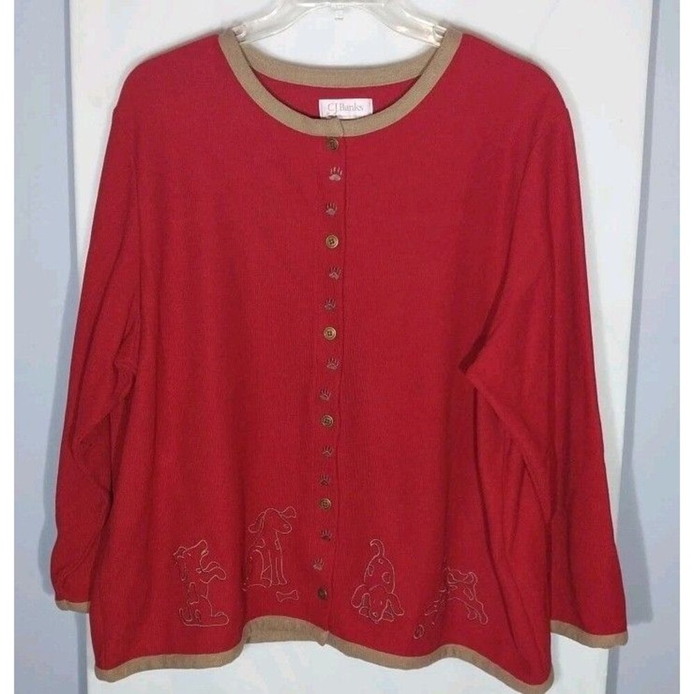 CJ Banks 3X Red Puppy Dog Cardigan Y2K 2004 Embroidered Plus Size